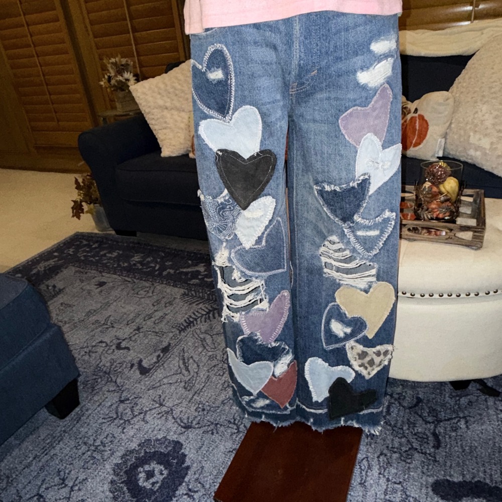 Free People We The Free Piece Of My Heart Jeans Heart Patch Wide Leg HighRise - Picture 14 of 14